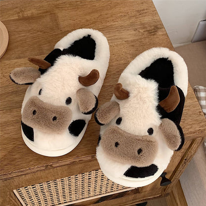 Cute Cow Animal Slipper For Women Girls Fashion Kawaii Soft Fluffy Winter Warm Slippers Woman Cartoon Milk Cow House Slippers Funny Shoes White