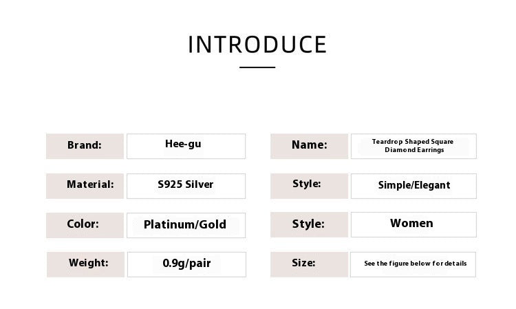 Boucles d'oreilles à tige carrées en forme de goutte en argent S925, simples et élégantes, avec diamants
