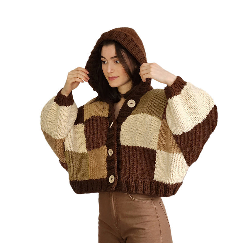 Women's Fashion Hooded Round Neck Cardigan Button Plaid Knitted Coat Buy Center