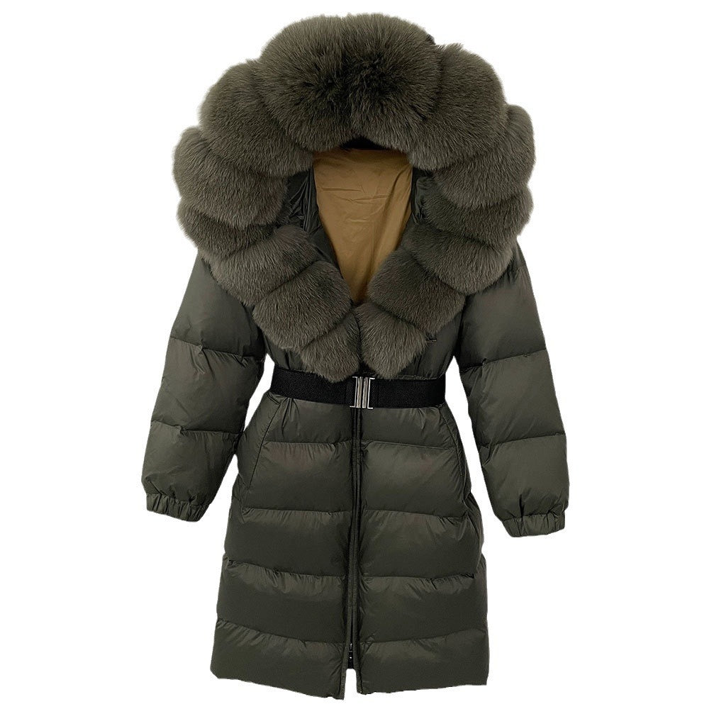 Women's Long Cinched Hoodie Real Fox Collar Fur Down Jacket Coat Buy Center