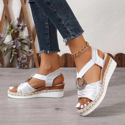 Trending Now at Buy Center: Women's Metal Buckle Hemp Rope Wedge Peep Toe Sandals White