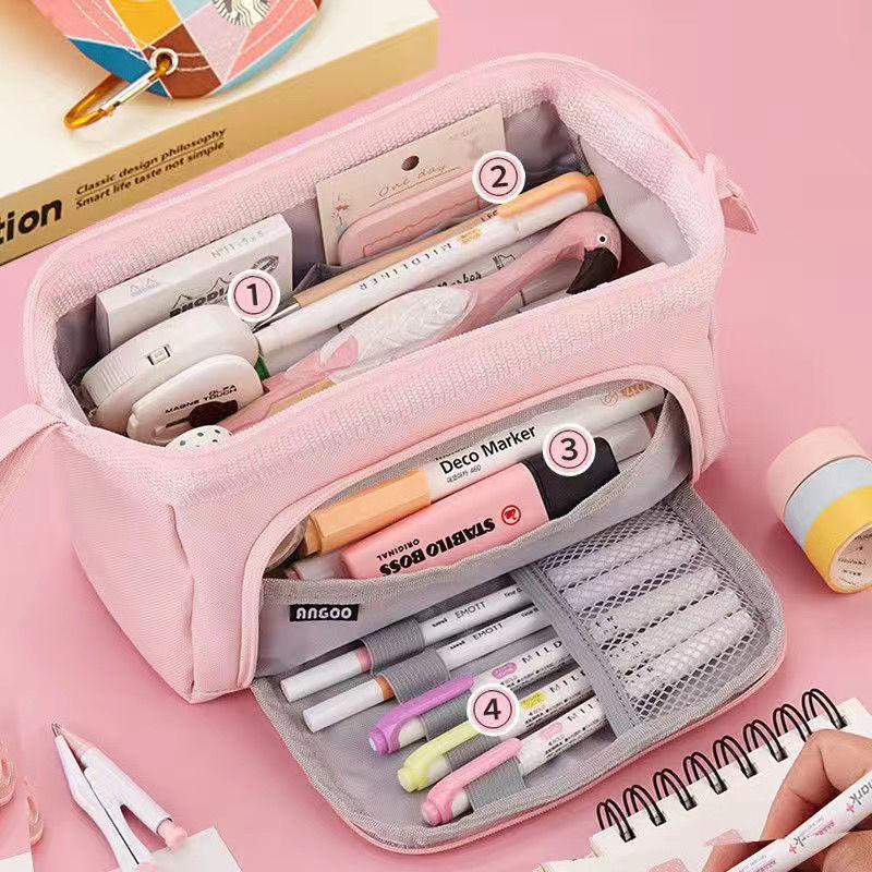 Fashion Double Canvas Multifunctional Pencil Case Pink