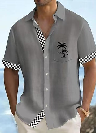 Camisa estampada con rayas geométricas y árboles de coco para hombre