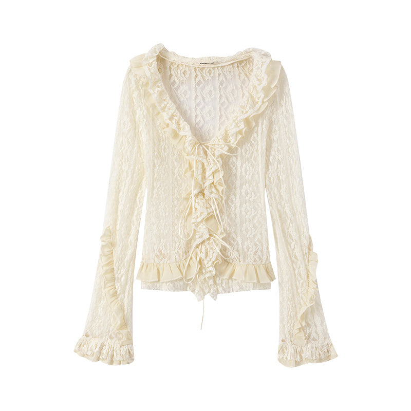 Fresh on the Scene at Buy Center: Lace Tie With Fungus Edge Long Sleeved Pullover White