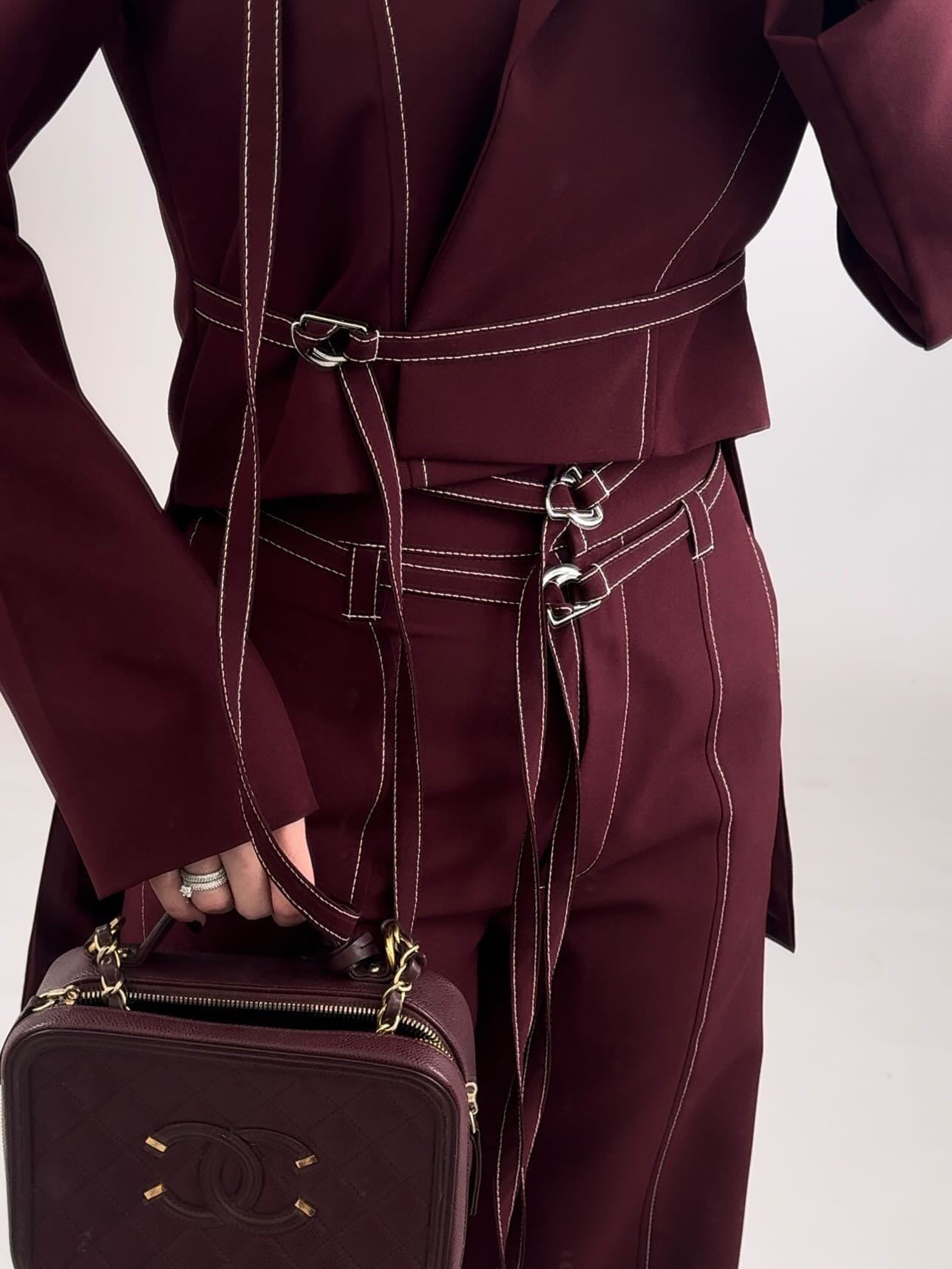 Burgundy Lace-up Top & High-waisted Pants Set Buy Center