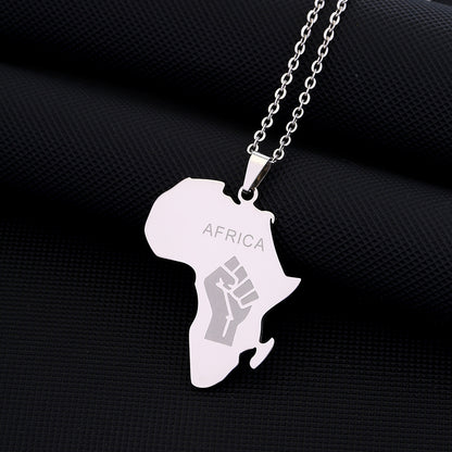 Newly Arrived at Buy Center: Men And Women Couple Titanium Steel Glossy Gold Africa Map Fist Shape Pendant Necklace Steel Color O Chain