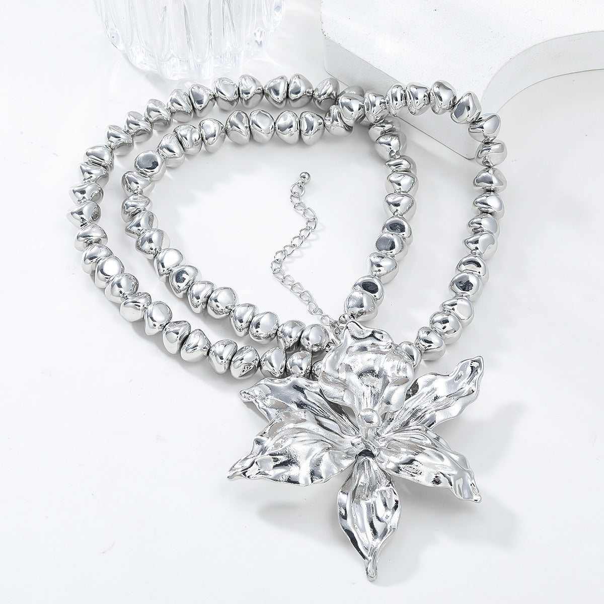 Buy Center Exclusive Offer-Silver Beads Chain Flower Pendant Exaggerated Ladies Necklace