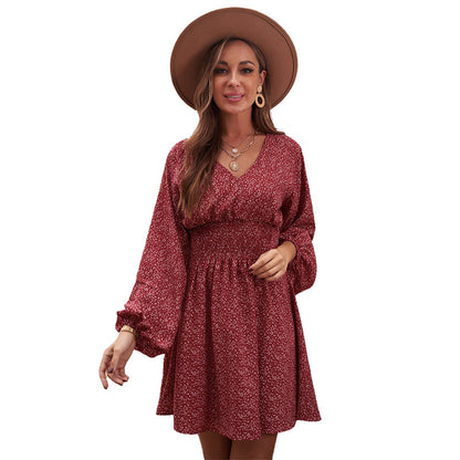 Fresh Arrivals at Buy Center: Polka Print Long Sleeve Dress V Neck Lantern Sleeve Pleated Waist Slim A-line Dress Women's Clothing Wine Red