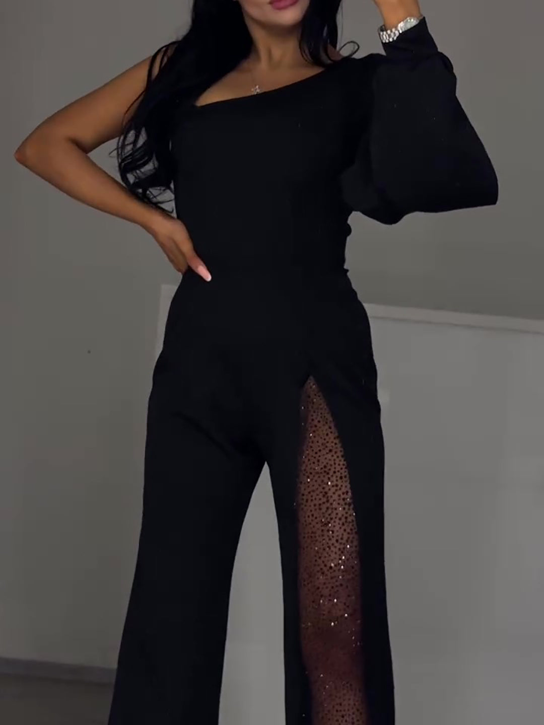 Single Sleeve Patchwork Mesh Jumpsuit Buy Center