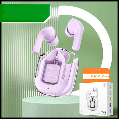 New Mini Transparent Wireless Bluetooth Headset Digital Display ENC Noise Reduction True Wireless Sports Music Small Square Box Purple