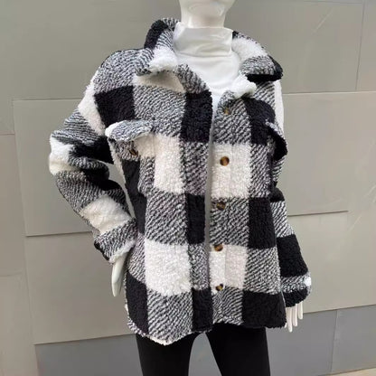 Women's Long-sleeved Double-pocket Plaid Furry Coat | Women's Clothing-Bottoms-Wide Leg Pants | Buy Center