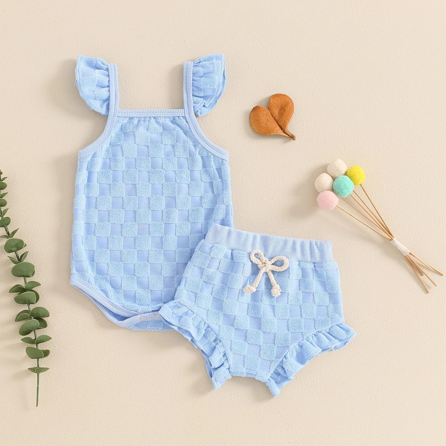 Fresh Arrivals at Buy Center: Girls' Solid Color Chessboard Plaid Style Lace Sling Romper Casual Shorts Suit Blue