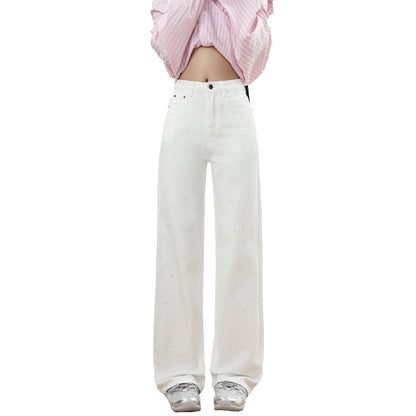 Winter Trend Rhinestone White Soft Wide Leg Mopping Jeans Trousers Lengthened Buy Center