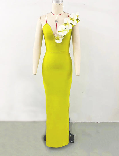 Buy Center Choice-Bandage Evening Temperament Elegant Flowers One Shoulder Dress Green