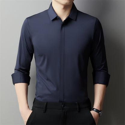 Men's Light Luxury High-end Hidden Hook Long-sleeved Shirt Navy Blue