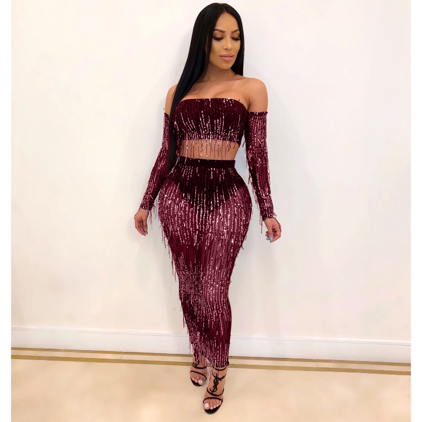 Fashion Sexy See-through Mesh Sequins Tassel Two-piece Set Buy Center