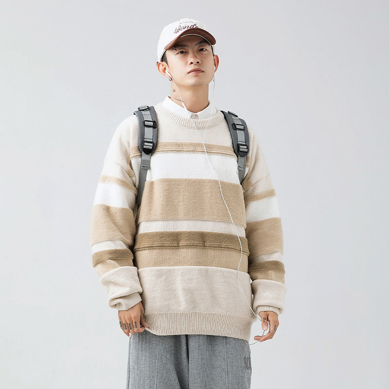 Japanese Style Men's Clothing Vintage Stripe Round Neck Sweater | Men's Clothing3 | Buy Center