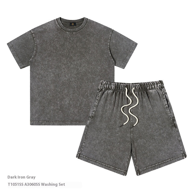 Just Arrived at Buy Center: Children's Clothing American 250g Heavy Washed Old Boys And Girls Suit Boys Two Piece Dark Gray