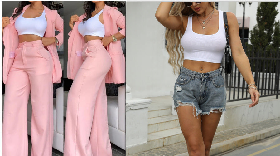 Buy Center Premium-Pure Color Split Sleeve Lapel Suit Straight-leg Pants Suit Women pink set