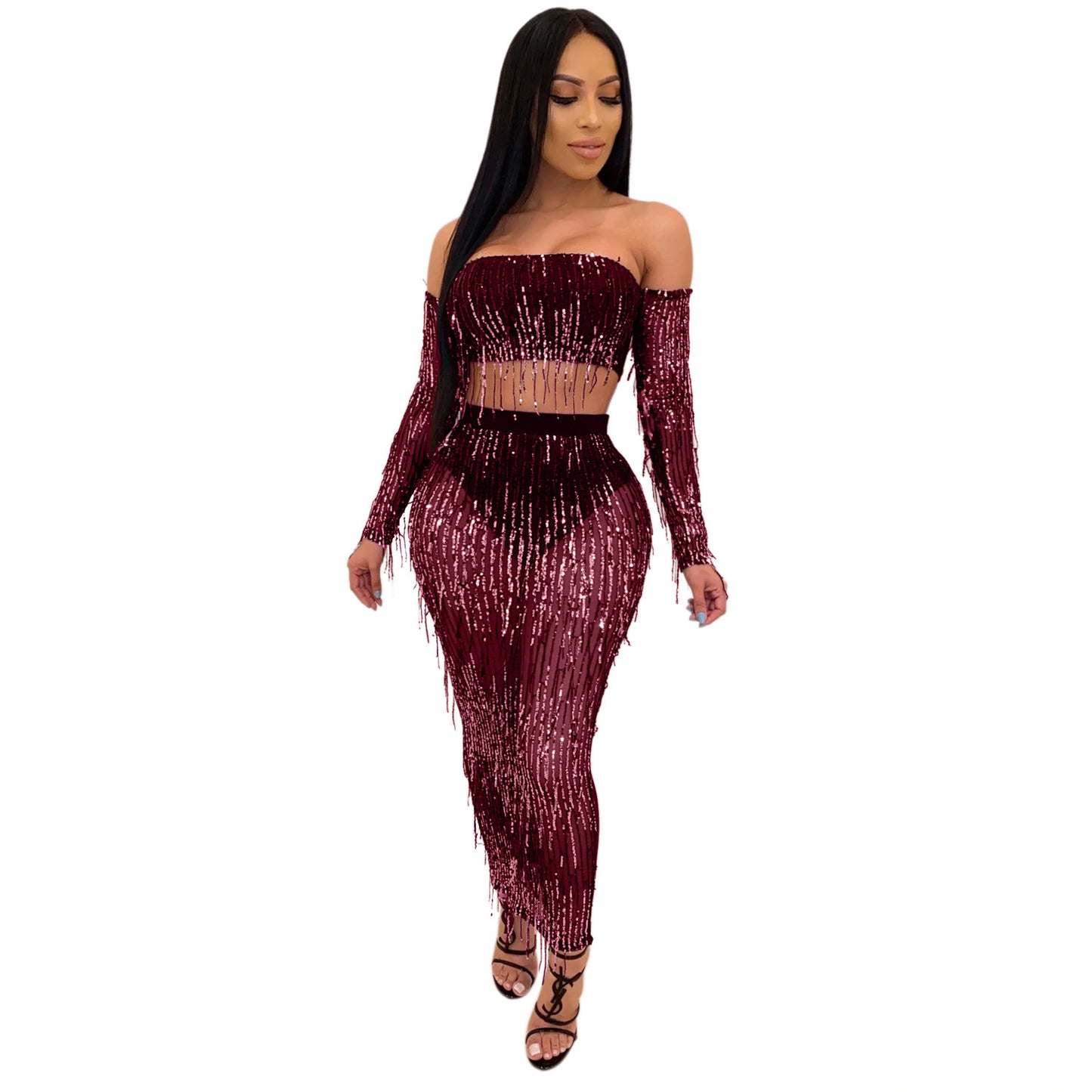 Fashion Sexy See-through Mesh Sequins Tassel Two-piece Set Buy Center