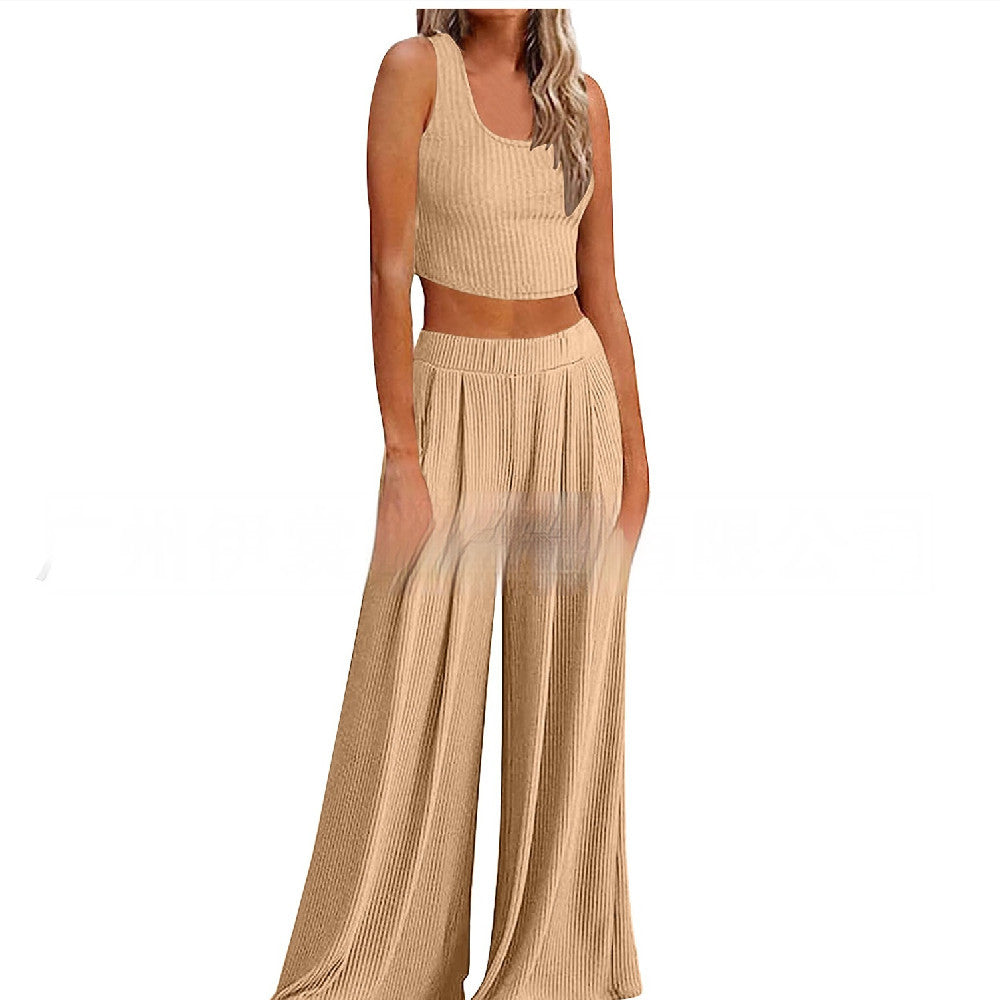 Just Arrived at Buy Center: Pajamas Rib Midriff-baring Top Loose Casual Wide-leg Pants With Pocket Back