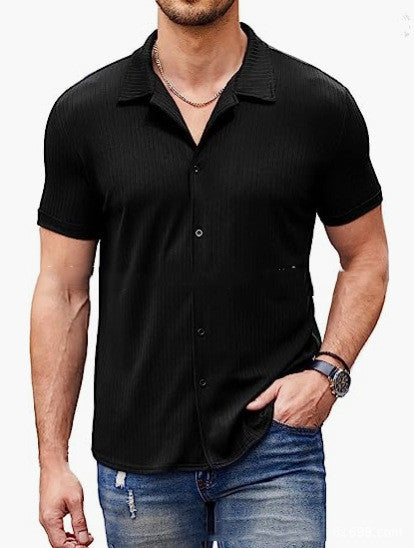 Just Arrived at Buy Center: Casual Collar Short Sleeve Polo Shirt With Button Men's Cotton Blend Shirt Black