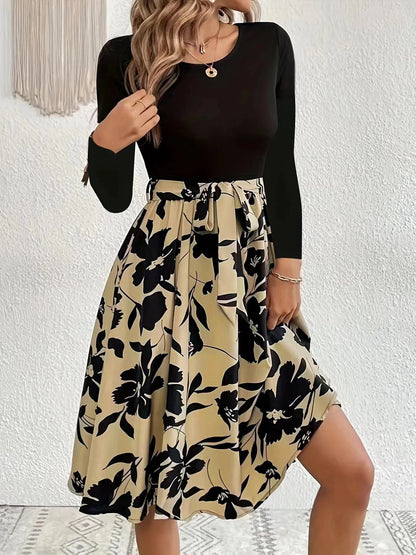 Fresh Arrivals at Buy Center: Floral Print Long Sleeve Dress Fashion Round Neck Tie Slim Dress Women's Clothing Khaki