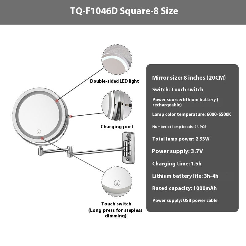 Miroir cosmétique à LED pour salle de bain d'hôtel, sans perforation, à suspendre au mur, pliable, rotatif, double face