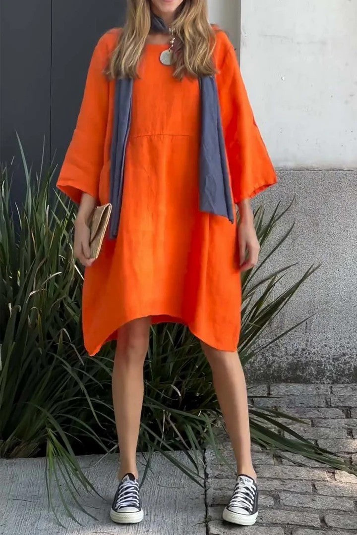 Hot New Items at Buy Center: Women's Cute Solid Color Loose Casual Pocket Cotton Linen Dress Orange