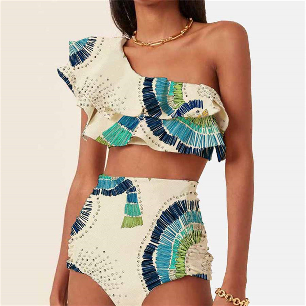 New Women's Double-layer Large Lotus Leaf One-shoulder Split Swimsuit