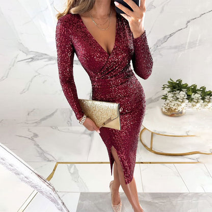 Women's Split V-neck Hip Long Sleeve Sequined Solid Color Dress Buy Center