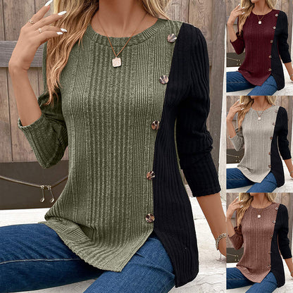 Women's Color Matching Color Contrast Button Split Casual Long Top | Women's Clothing2 | Buy Center