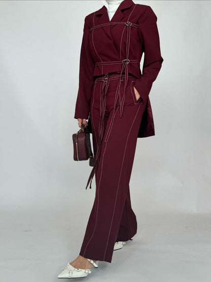 Burgundy Lace-up Top & High-waisted Pants Set | Women's Clothing3 | Buy Center