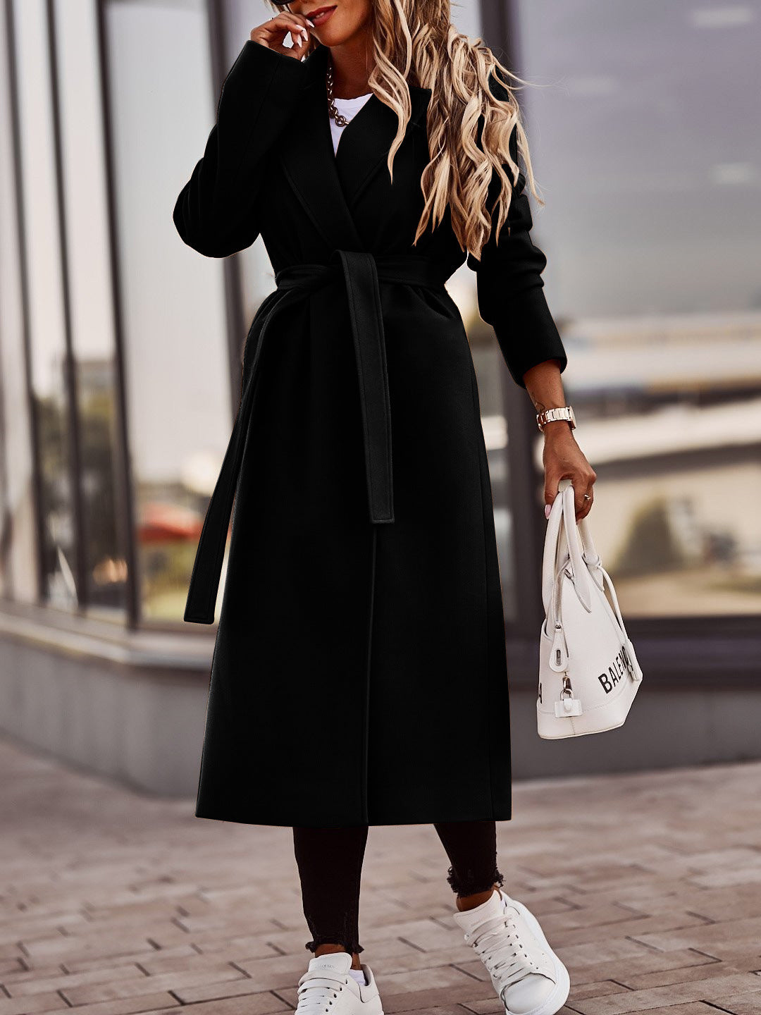 Autumn And Winter Simplicity Long Sleeve V-neck Lace Up Woolen Coat Top Women Buy Center