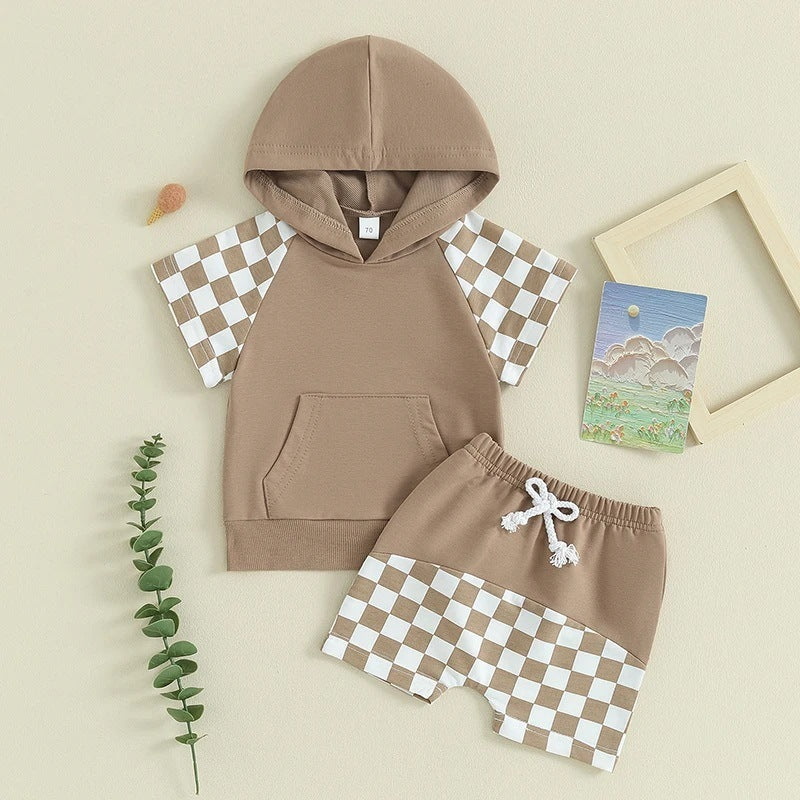 Summer European And American Boys' Plaid Hooded Fleece And Shorts Suit Buy Center