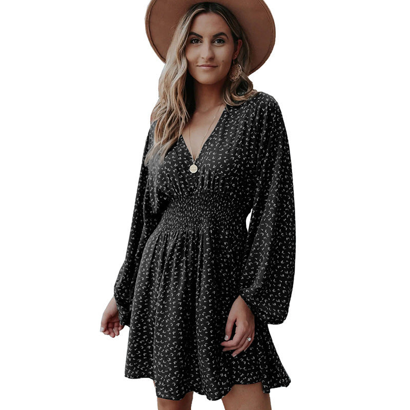 Fresh Arrivals at Buy Center: Polka Print Long Sleeve Dress V Neck Lantern Sleeve Pleated Waist Slim A-line Dress Women's Clothing Black