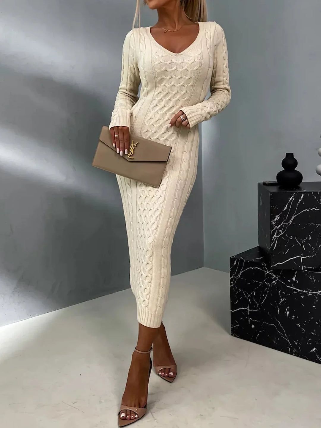 Fresh Arrivals at Buy Center: Casual V-neck Patchwork Lace Sweater Dress Apricot