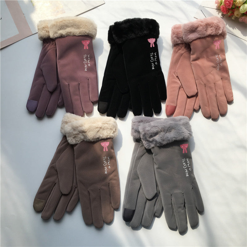 Autumn And Winter Women's Riding Gloves Korean Style Alphabet Cartoon Warm Double Layer Fleece-lined Buy Center