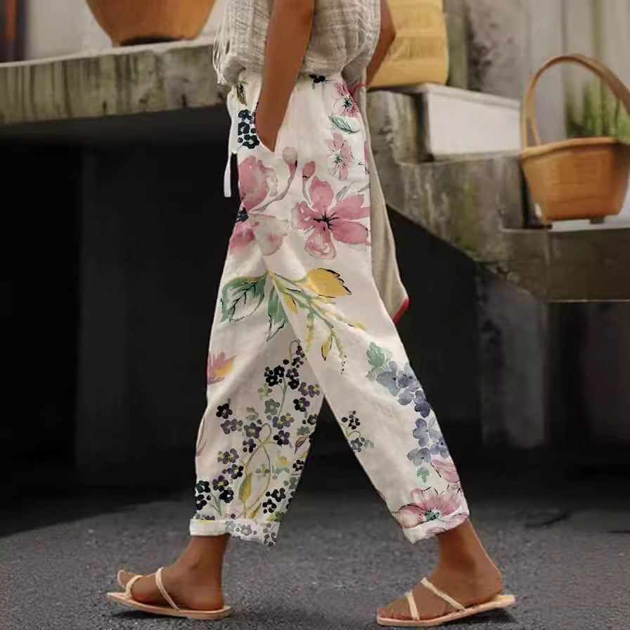 Trending Now at Buy Center: Feminine Digital Printed Minimalist Rolled Edge Casual Pants