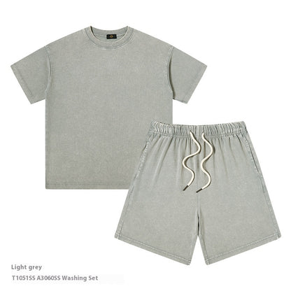 Just Arrived at Buy Center: Children's Clothing American 250g Heavy Washed Old Boys And Girls Suit Boys Two Piece Light Gray