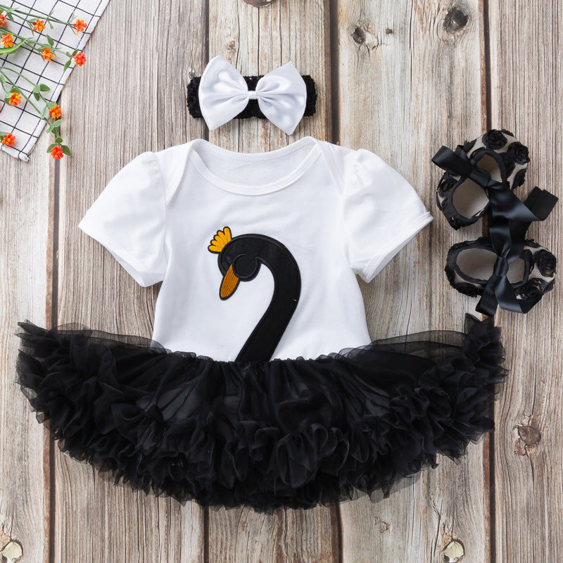 Swan Short Sleeve Baby's Gown Shoes Hair Accessories Three-piece Suit Buy Center