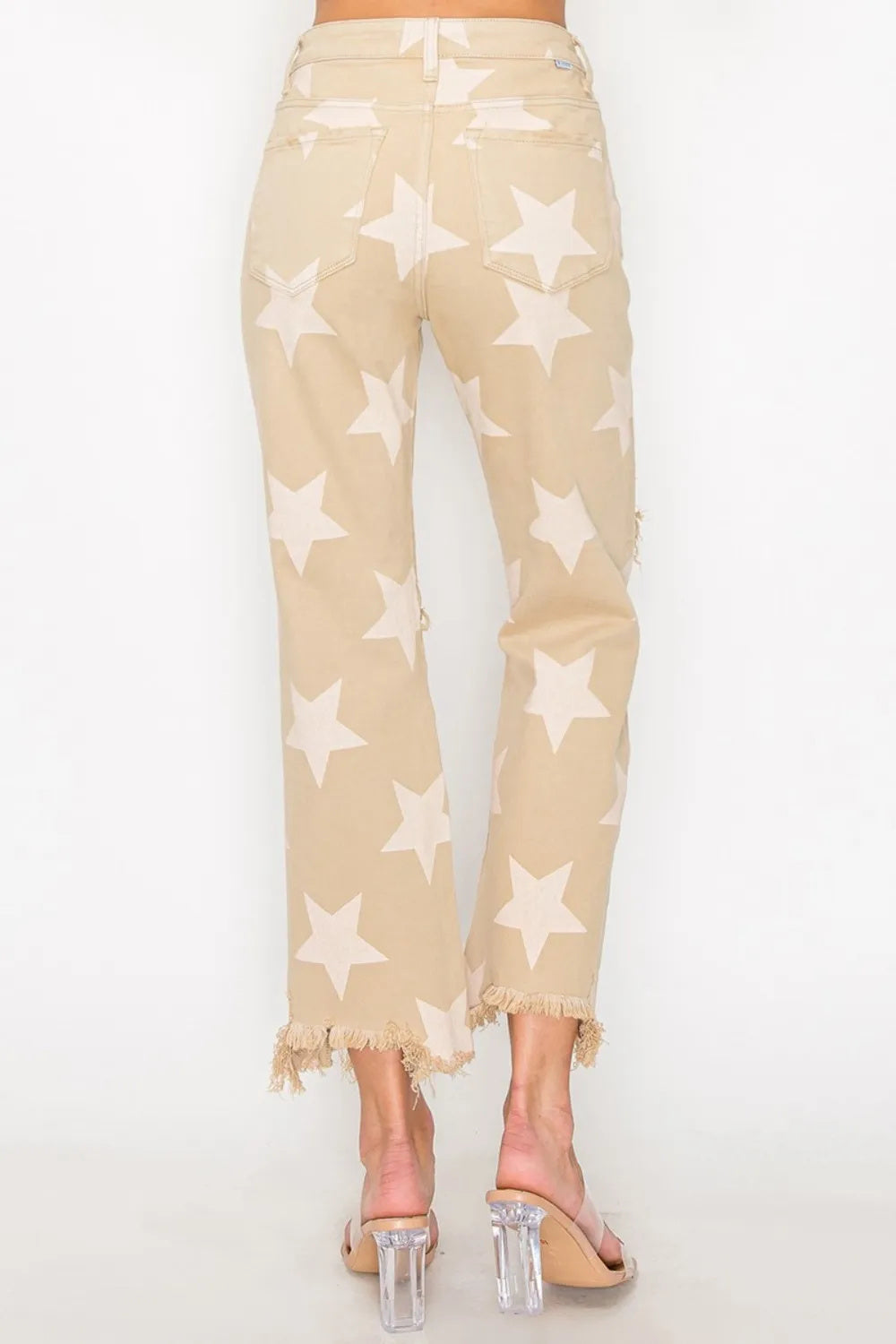 RISEN Full Size High Rise Star Printed Frayed Hem Jeans Buy Center