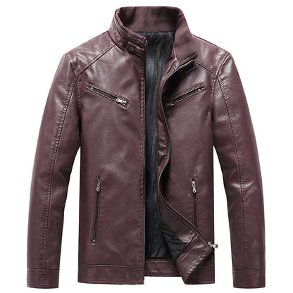 Men's Fleece Padded Coat Casual Korean-style Stand Collar PU Leather Jacket Trendy Youth Buy Center