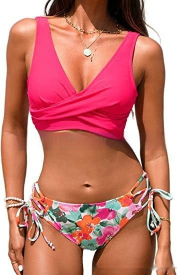 Newly Arrived at Buy Center: Sexy Halter Bikini Women's Split Lace-up Swimsuit Rose Red