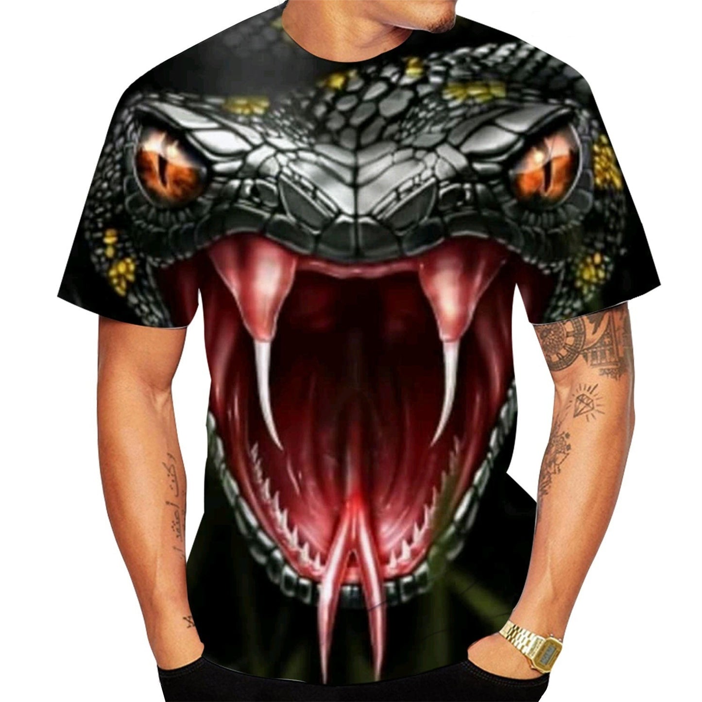 Camiseta casual para hombre con estampado digital 3D de serpiente