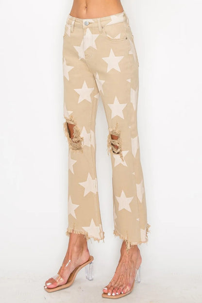 RISEN Full Size High Rise Star Printed Frayed Hem Jeans Buy Center