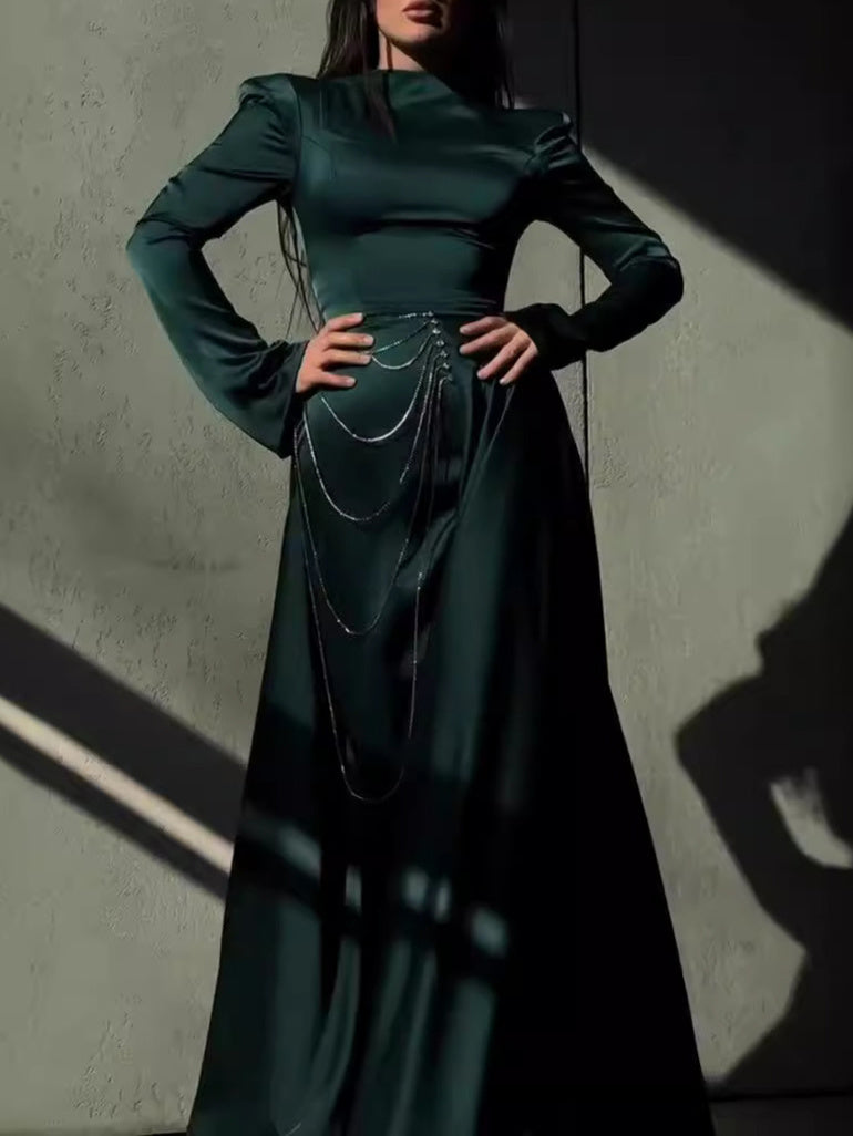 Fresh Arrivals at Buy Center: Satin Studded Long-sleeve Maxi Dress Dark Green