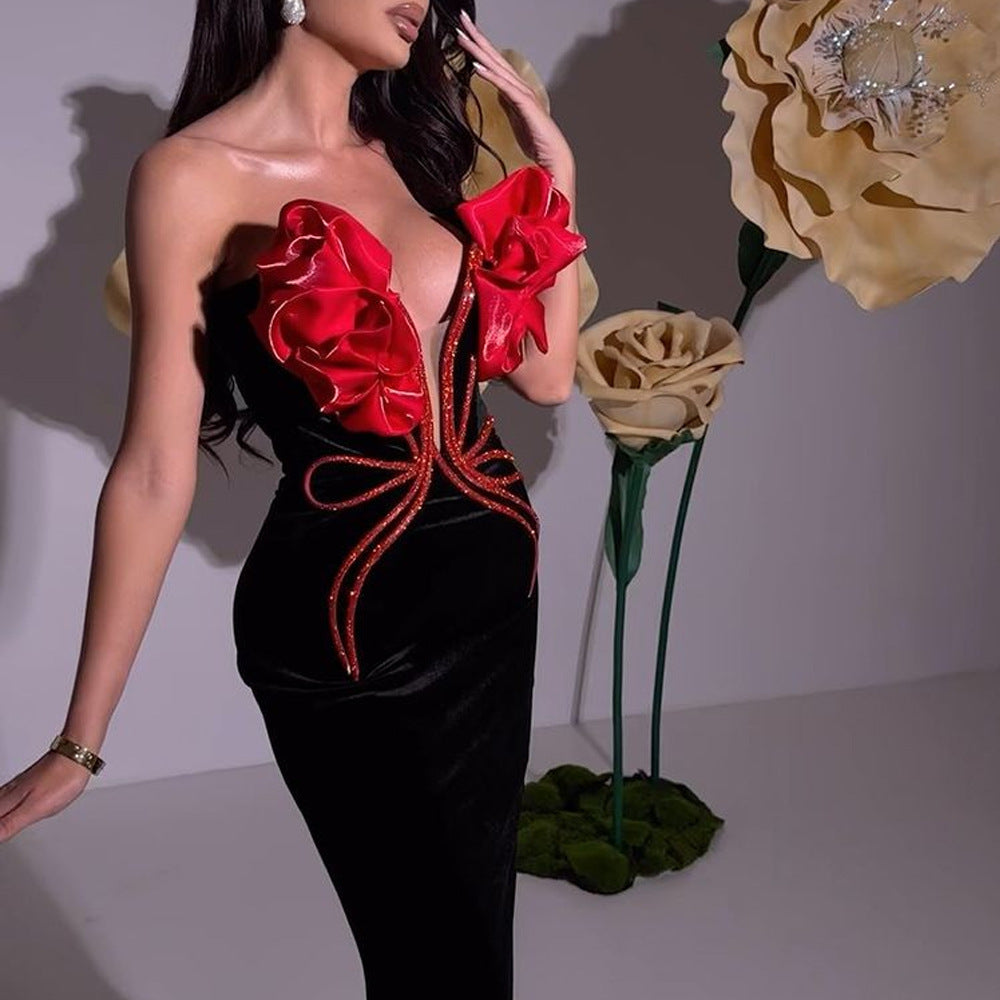 European And American Fashion New Style Temperament Socialite Flower Chain Strapless Long Type Evening Dress Buy Center