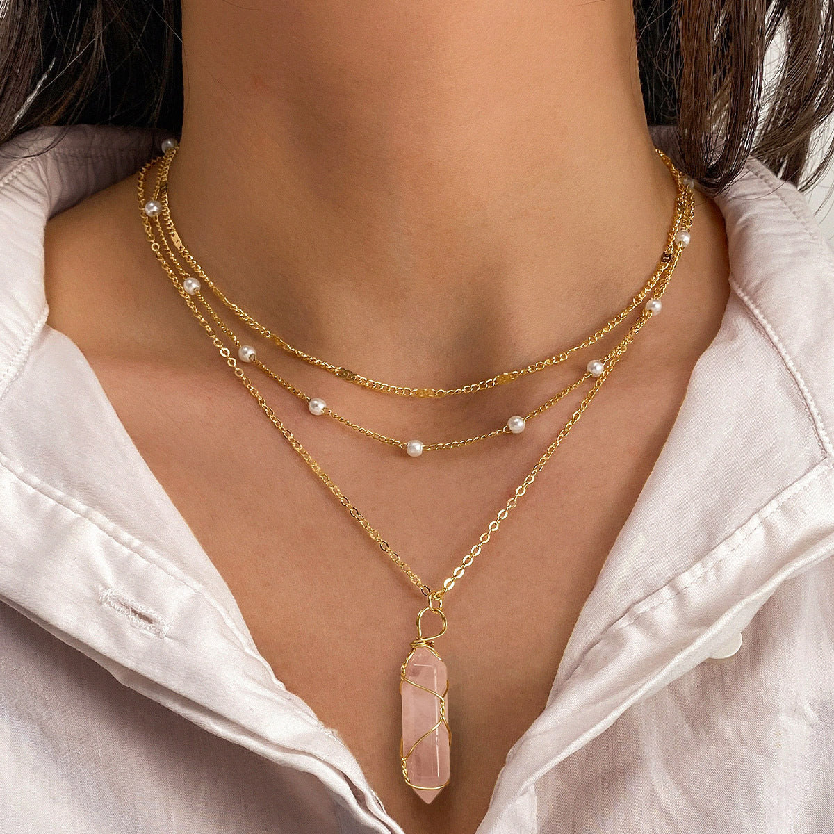 Buy Center Hot Pick-Hexagon Prism Crystal Natural Stone Necklace Hand Winding Light Pink