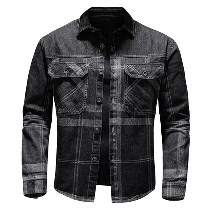 Fashion Plaid Denim Long-sleeved Shirt Man Black